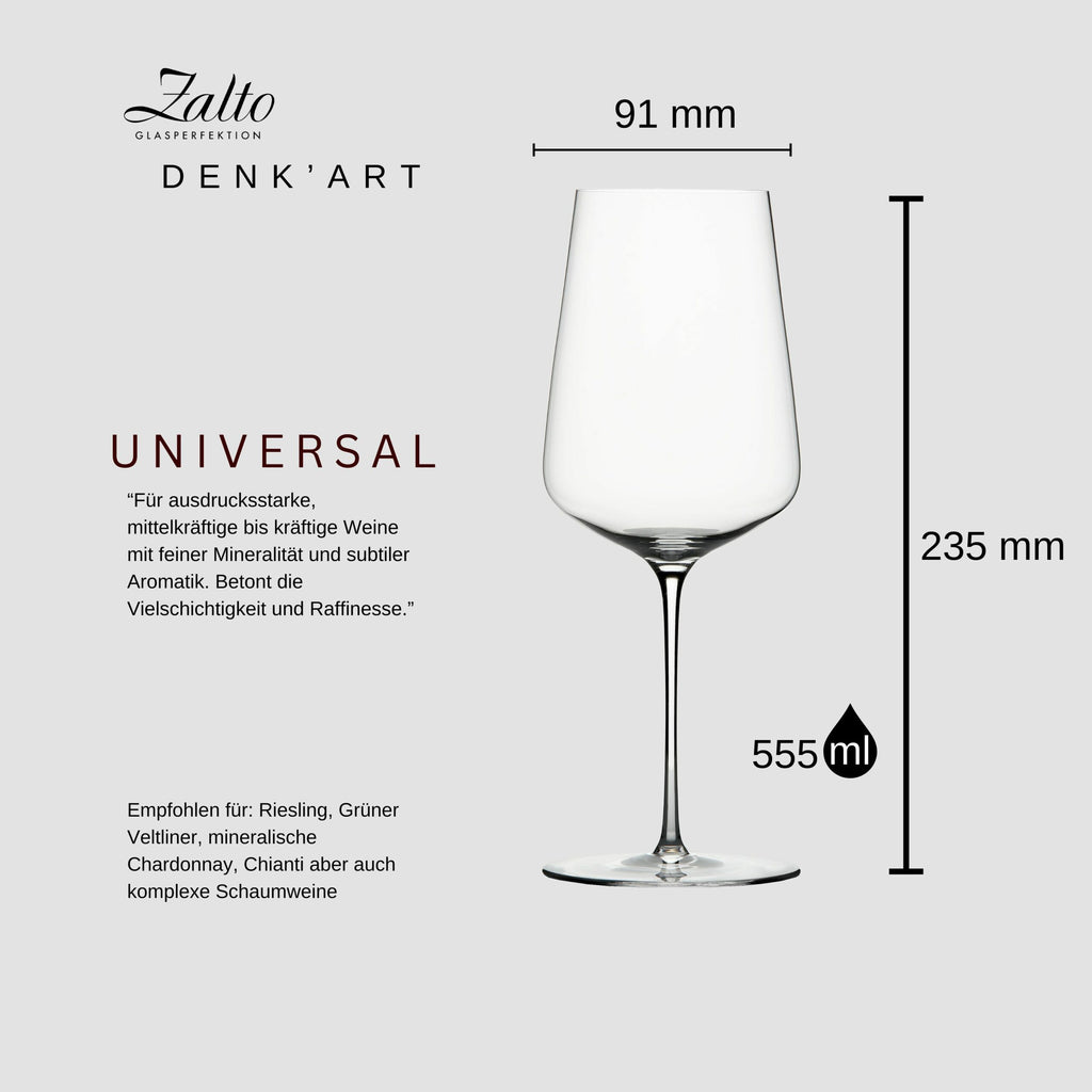 Eine illustrierte Abbildung eines Zalto Denk'Art Universal Weinglases. Die Glasmaße sind angegeben: Höhe 235 mm, Durchmesser 91 mm, Fassungsvermögen 555 ml. Es wird für verschiedene Weine wie Riesling, Grüner Veltliner und Chardonnay empfohlen. Text ist in Deutsch.