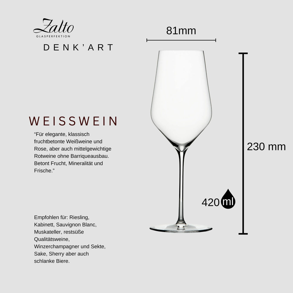 Eine minimalistische Grafik zeigt ein klares Zalto Denk'Art-Weinglas für Weißwein. Die Glasmaße (81 mm Durchmesser, 230 mm Höhe, 420 ml Fassungsvermögen) sind angegeben. Der Text beschreibt seine Verwendung für Sorten wie Riesling und Sauvignon Blanc und hebt Eleganz und Qualität hervor.