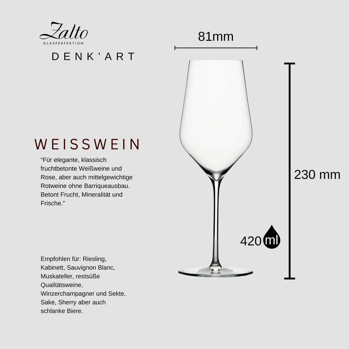 Eine minimalistische Grafik zeigt ein klares Zalto Denk'Art-Weinglas für Weißwein. Die Glasmaße (81 mm Durchmesser, 230 mm Höhe, 420 ml Fassungsvermögen) sind angegeben. Der Text beschreibt seine Verwendung für Sorten wie Riesling und Sauvignon Blanc und hebt Eleganz und Qualität hervor.