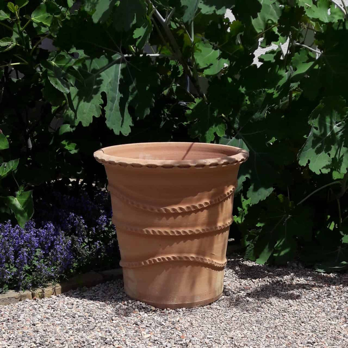 Ein großer Terrakotta-Pflanzkübel „Acanthus“ mit einer Höhe von 50 cm steht auf einer Kiesfläche. Der Hintergrund ist mit üppigem grünem Laub und kleinen violetten Blüten entlang der Basis versehen, darunter einige schöne Acanthus-Blüten, die eine lebendige Gartenkulisse schaffen.