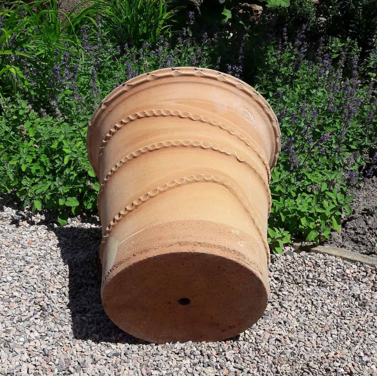 Ein großer Terrakotta-Pflanzkübel „Acanthus“, 50 cm hoch, liegt auf der Seite zwischen grünem Laub und kleinen, violetten Acanthus-Blüten. Der Topf weist ein dekoratives Spiralmuster auf und steht auf einer Kiesfläche in einer Gartenumgebung.