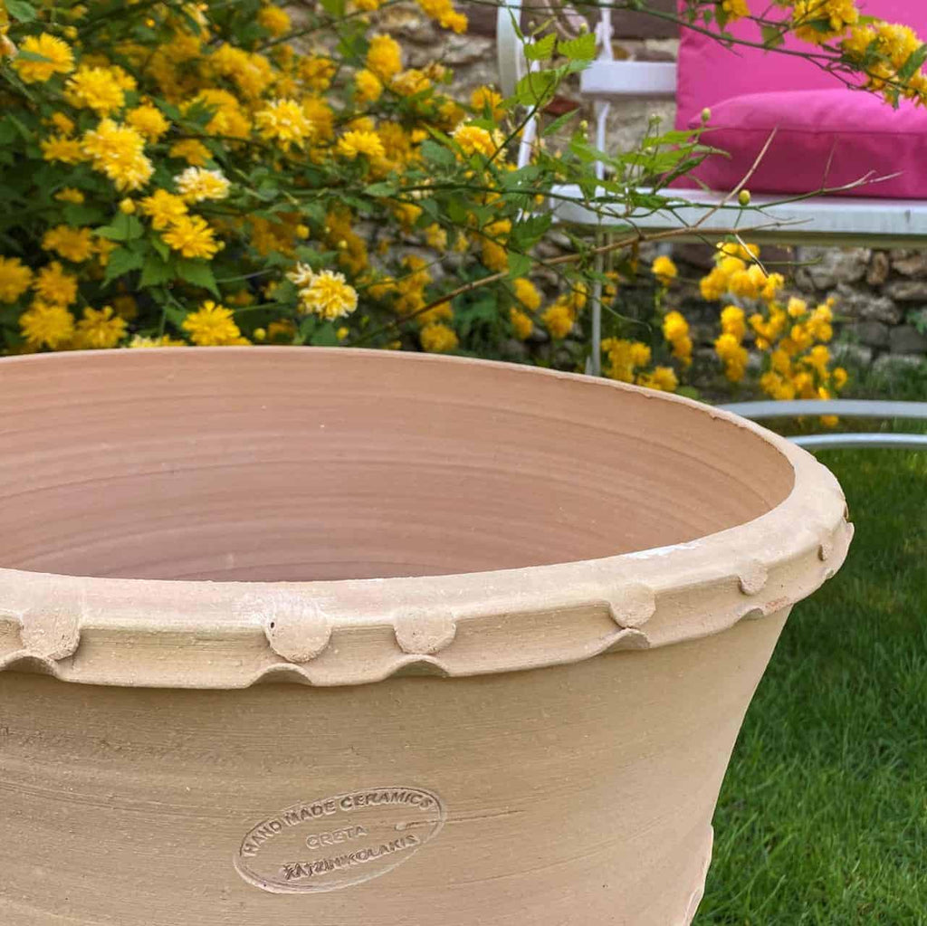 Nahaufnahme eines großen Terrakotta-Pflanzkübels „Acanthus“ H=40 cm, der in einem Garten steht. Hinter dem Topf blühen leuchtend gelbe Blumen und ein rosa Kissen liegt auf einem weißen Gartenstuhl. Die Szene ist vor einer mit Acanthus-Mustern verzierten Steinmauer platziert.