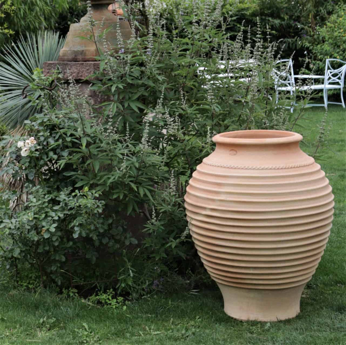Die frostfeste Terrakotta-Amphore „Agave“ mit einer Höhe von 100 cm schmückt einen gepflegten Rasen neben üppigen Grünpflanzen, einer Agave und einem kleinen Strauch. Im Hintergrund werten eine Gartenbank und Laubblätter die ruhige Gartenkulisse zusätzlich auf.