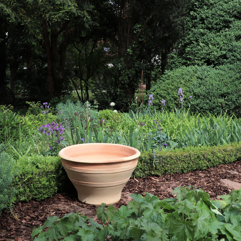 Ein winterfester großer Pflanzkübel, Artemesia, Beige und Terrakotta, steht leer am Rand eines gepflegten Gartens mit geschnittenen Büschen. Im Hintergrund befindet sich ein üppiger Garten mit grünen Blättern und verschiedenen blühenden Pflanzen, darunter hohe lila Schwertlilien und Artemesia. Mulch bedeckt den Boden im Vordergrund.