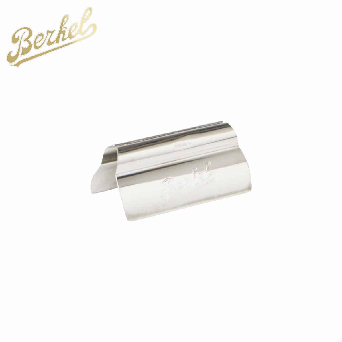 Vor einem weißen Hintergrund ist ein Schutz für eine Berkel Original Aufschnittzange abgebildet. Das Berkel-Logo in goldener Schreibschrift ziert die obere linke Ecke. Der Schutz hat ein geschwungenes Design und auf seiner Oberfläche ist der Name „Berkel Original“ eingraviert.