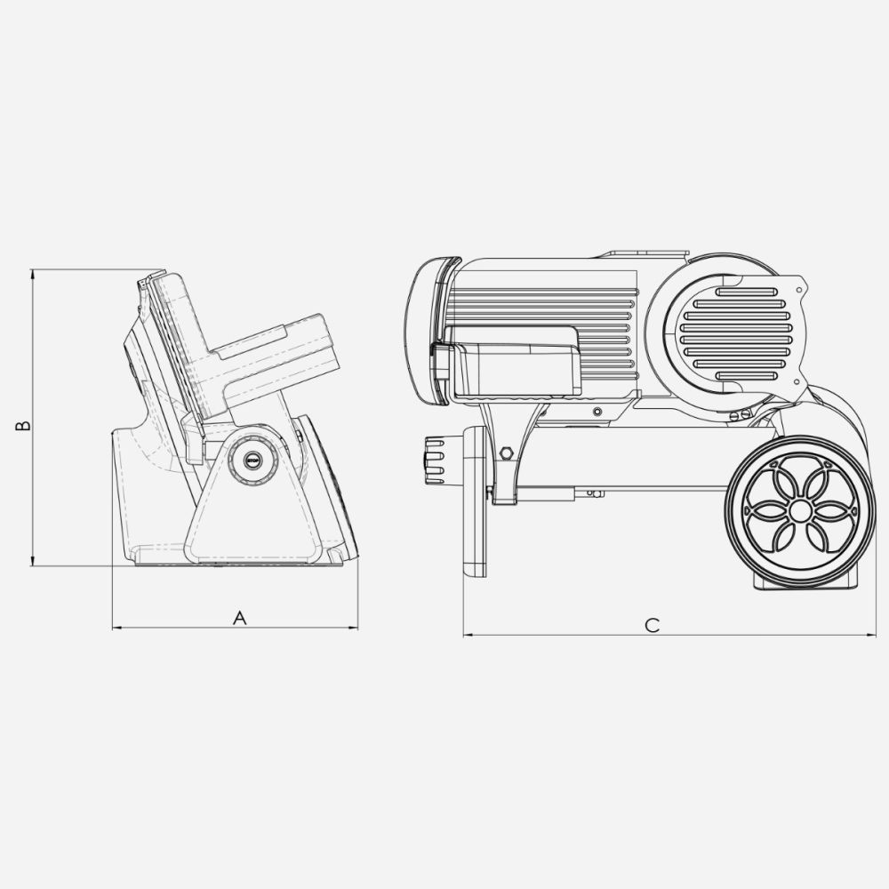 Technische Strichzeichnung der Berkel Icon Line 170 in rot mit handgefertigtem Einlegebrett aus Eichenholz 30x20cm, zeigt Seiten- und Rückansicht mit beschrifteten Maßen A, B und C. Zu den Merkmalen gehören ein zylindrischer Körper, ein Griff und große Hinterräder.