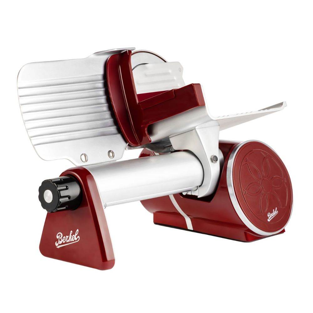 Die Berkel Icon Line 170 in Rot verfügt über ein handgefertigtes Eichenholzbrett (30x20cm) und bietet klassischen Retro-Stil - perfekt zum Schneiden von Fleisch und Käse.