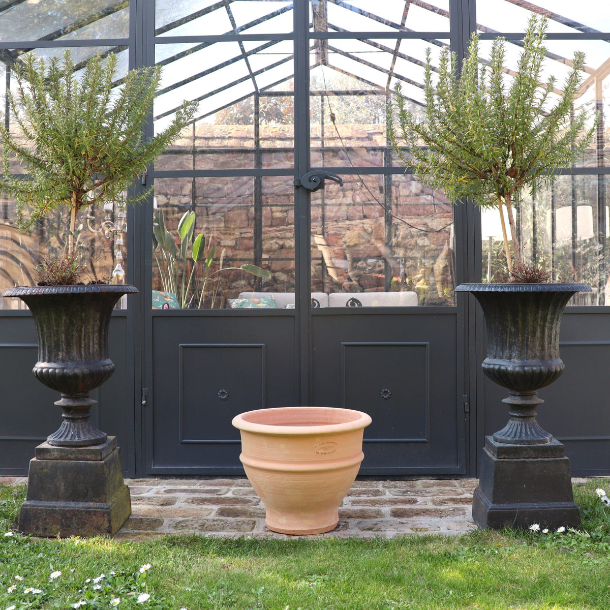 Zwei hohe schwarze Urnen mit kleinen Bäumchen flankieren ein frostfestes Ton-Pflanzgefäß "Buxus", 40 cm, das auf einem Steinweg vor den gläsernen Gewächshaustüren mit Blick auf den Garten steht.
