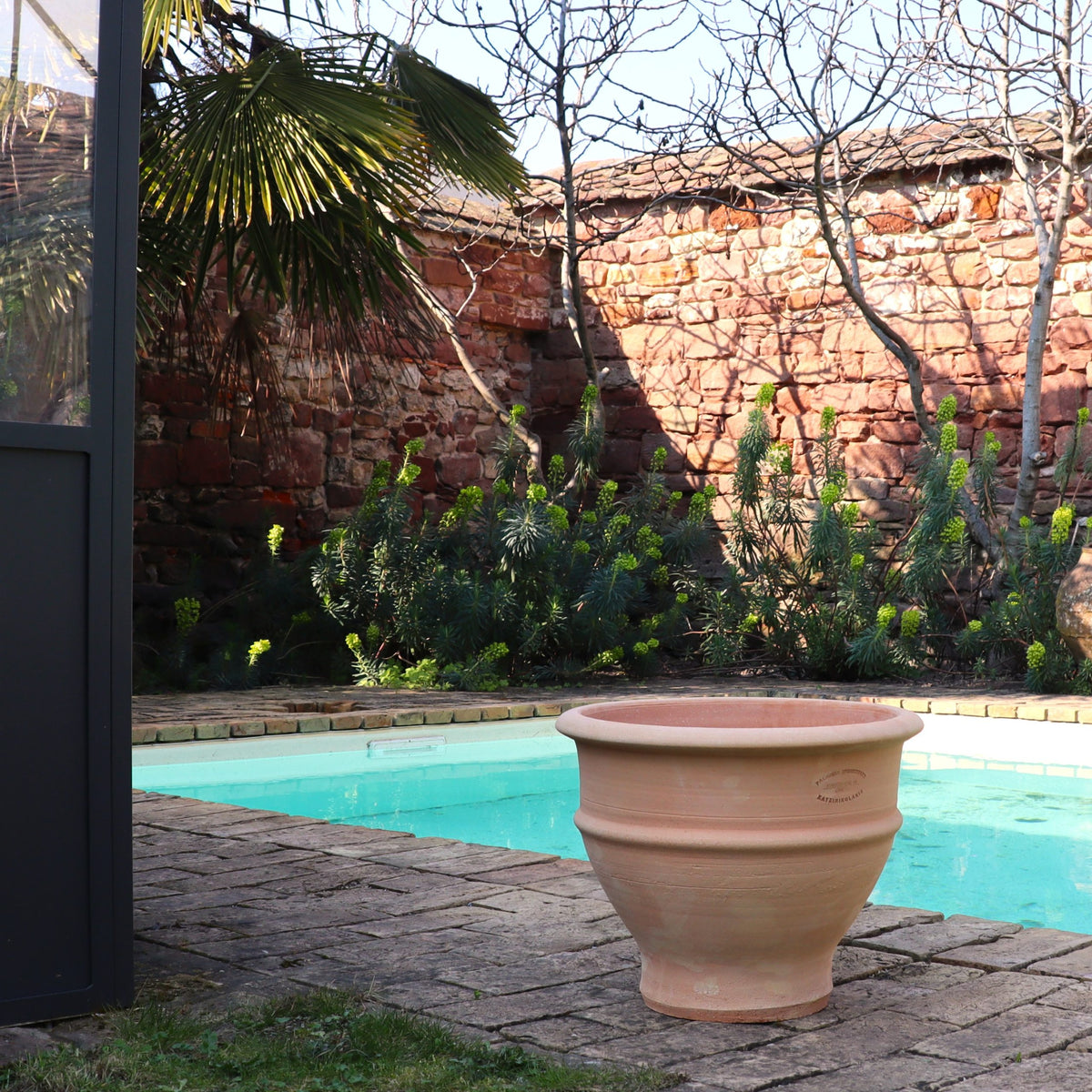 Das frostfeste Ton-Pflanzgefäß "Buxus", 40 cm, steht auf einer Steinterrasse am Pool, umgeben von Grünzeug, kahlen Bäumen und einer roten Backsteinmauer in der Sonne.