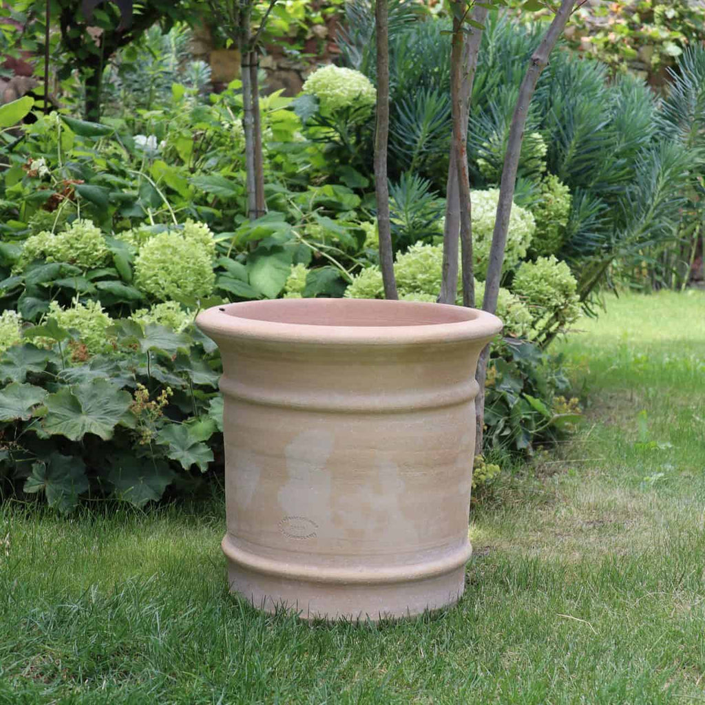 Ein großer, zylindrischer Terrakotta-Pflanzkübel „Canna“ mit breitem, ausgestelltem Rand steht auf einer Rasenfläche. Er ist in einer Gartenumgebung platziert, umgeben von üppigem grünem Laub und verschiedenen Pflanzen. Der Pflanzkübel ist leer und hat eine hellbraune, unglasierte Oberfläche.