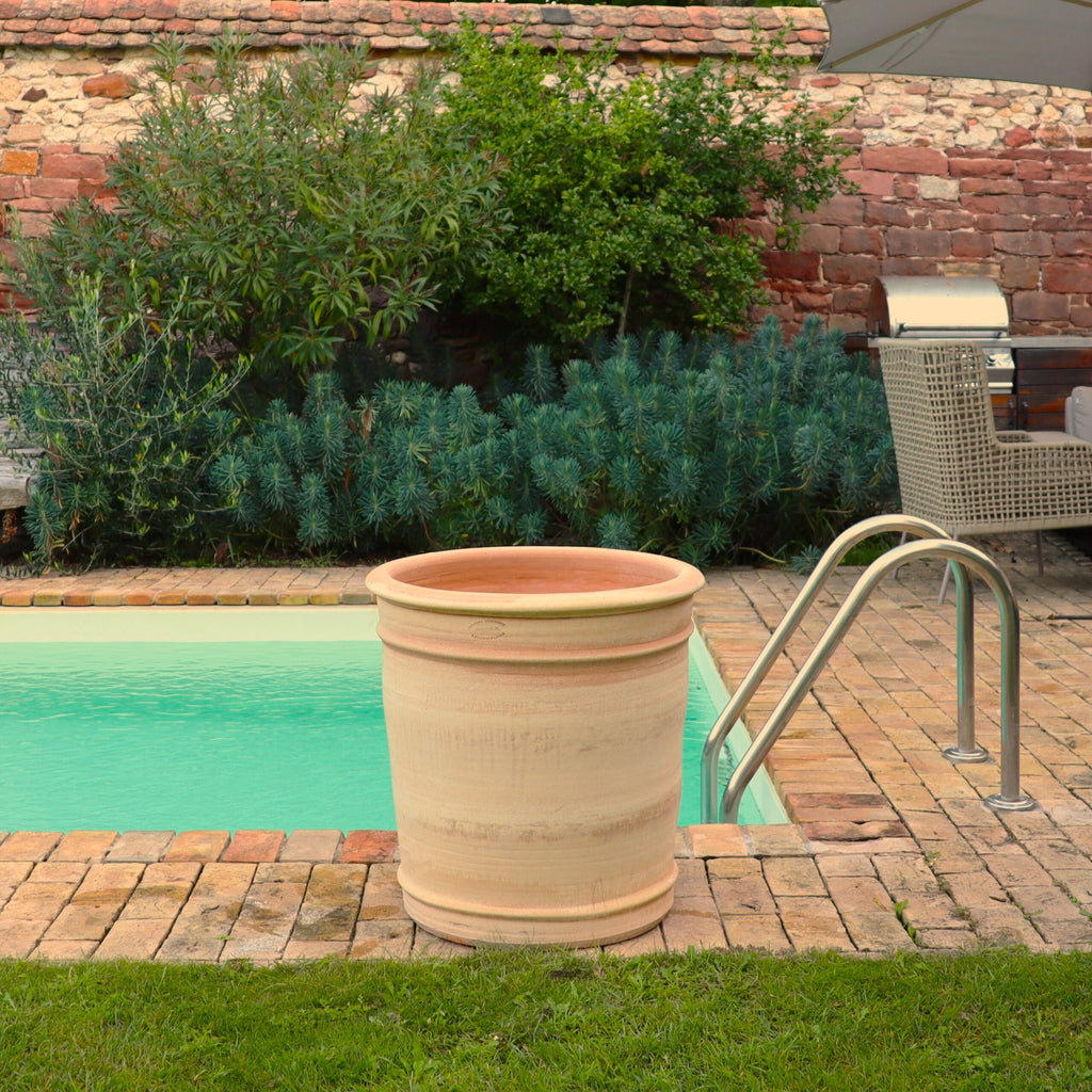 Am Rand eines mit Ziegeln gepflasterten Swimmingpools ziert ein 60 cm hoher XXL-Pflanzkübel „Canna“ aus Terrakotta die Szenerie. Der Pool ist mit einer Leiter aus Metall ausgestattet. Hinter dem Pool gedeiht üppiges Grün, darunter Topfpflanzen aus Canna und verschiedene Büsche vor einer Ziegelmauer im Hintergrund. Auf der rechten Seite dieser ruhigen Szenerie sind Gartenmöbel zu sehen.