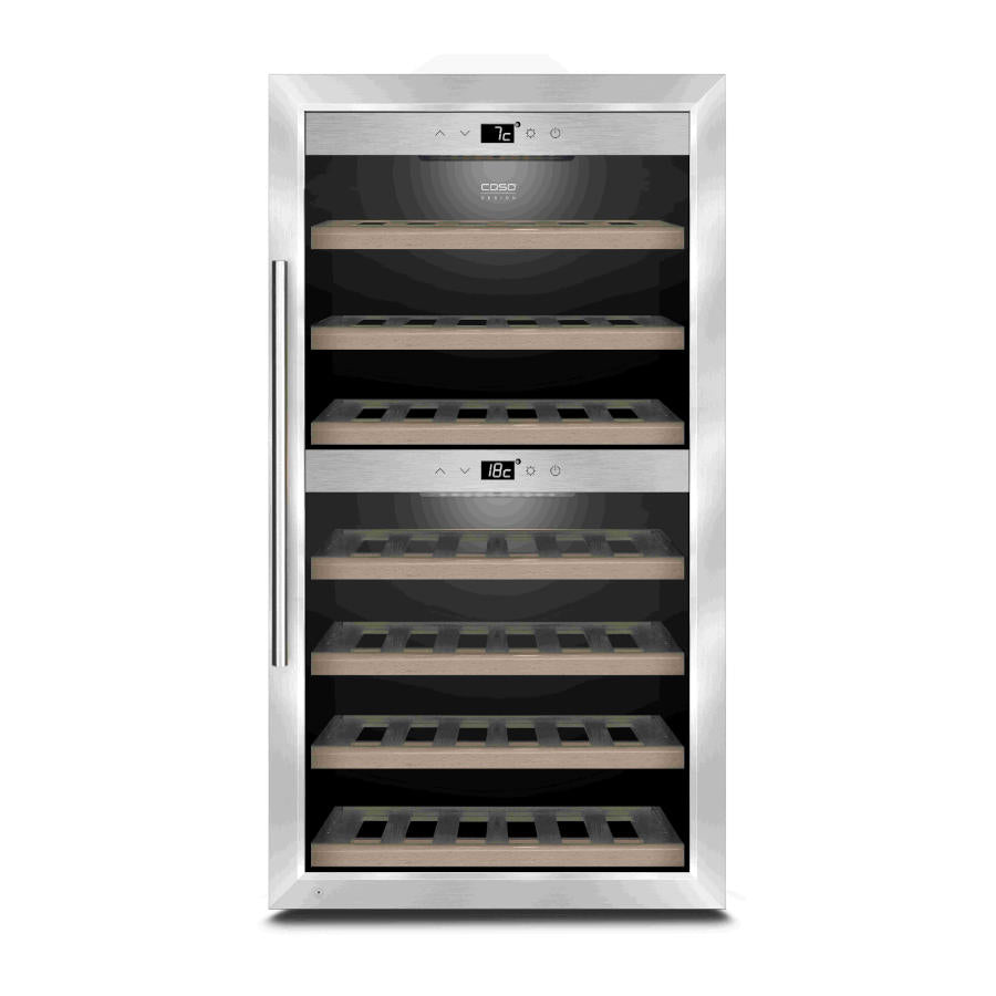 Der Weinkühlschrank 2 Zonen CASO WineComfort 66 Edelstahl ist ein moderner Weinkühlschrank aus Edelstahl mit Glastür und sechs Holzregalen. Dieser Zweizonen-Kühlschrank verfügt über digitale Temperaturregler oben und in der Mitte, die unterschiedliche Temperaturen im oberen und unteren Bereich ermöglichen.