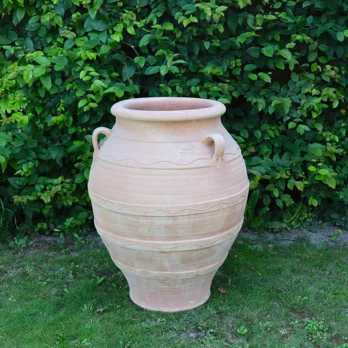 Der winterfeste Dekorationsamphore "Cassia", H=70 cm, ist ein großes, rundes, beiges Tongefäß mit zwei Henkeln - perfekt als Gartendeko vor einer grünen Hecke.