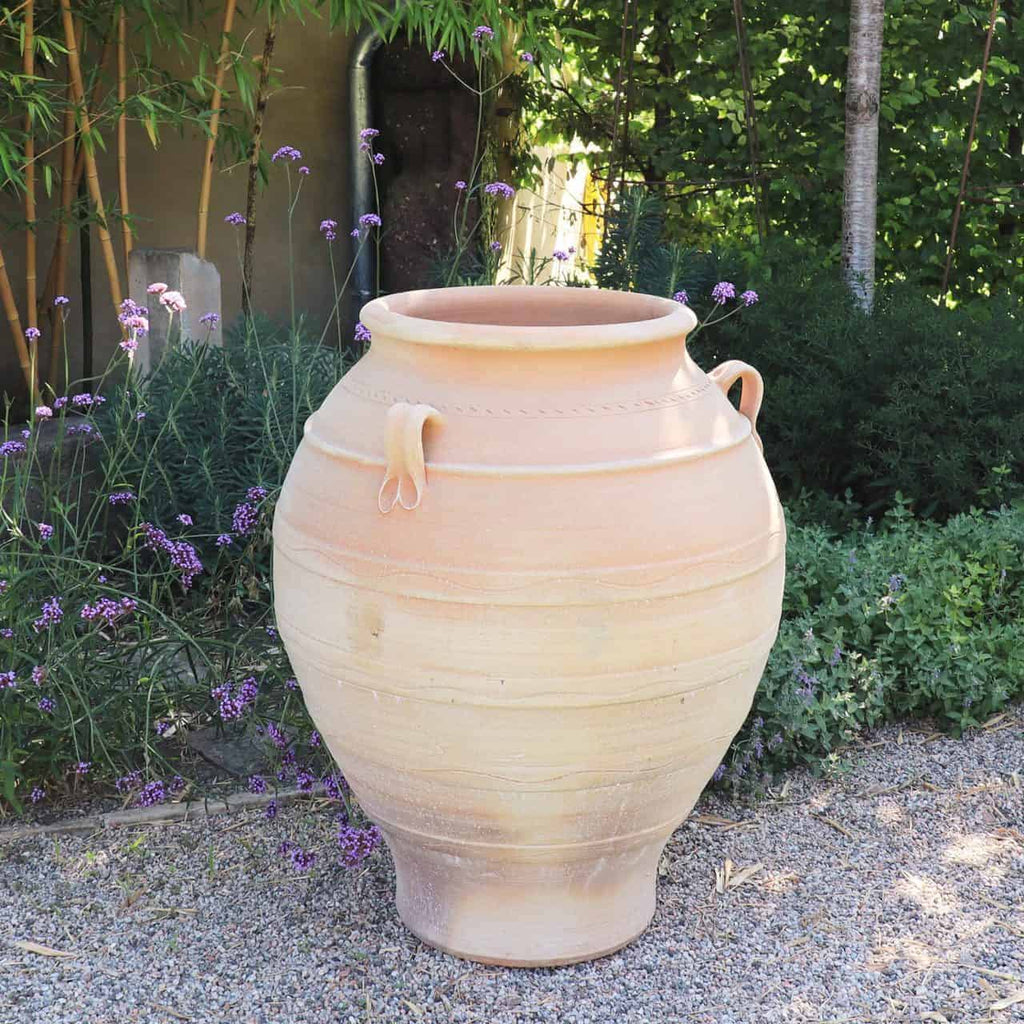 Die frostfeste Amphore „Cassia“, eine große beige Keramikurne mit zwei Henkeln und einer Höhe von 100 cm, steht auf einem Kiesweg, umgeben von violetten Blumen und verschiedenen Grünpflanzen. Sie steht in einer ruhigen Gartenumgebung mit Bambus, Cassia und anderen Pflanzen im Hintergrund.