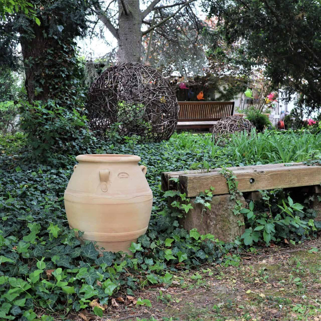 Eine große griechische Amphore „Cassia“ H=50 cm steht auf dem Boden, umgeben von Efeu und Grünpflanzen in einem Garten. In der Nähe ergänzen Holzbänke dekorative kugelförmige Skulpturen aus ineinander verschlungenen Zweigen, während Bäume und Pflanzen den Hintergrund füllen.