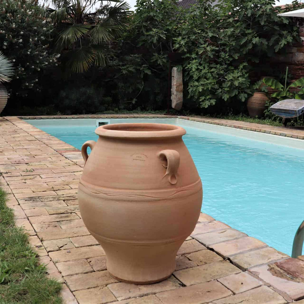 Eine griechische Amphore „Cassia“ (H=50 cm) mit Griffen steht auf einer gepflasterten Terrasse neben dem rechteckigen Swimmingpool, umgeben von üppigem Grün mit Palmen und Büschen, was eine heitere Oase im Freien schafft.