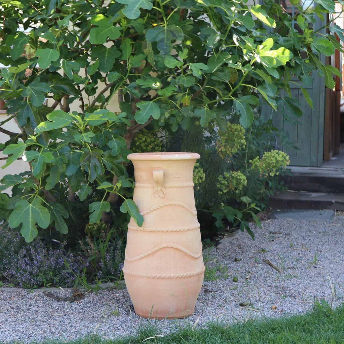 Ein hoher, dekorativer Terrakotta-Topf namens griechische Amphorenvase „Cistus“ H=80cm steht auf einem Kiesweg, umgeben von üppigem grünem Laub. Der Topf weist komplizierte Muster auf und steht in einem Garten mit Cistus und einer im Hintergrund sichtbaren Holzkonstruktion.