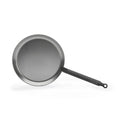 Eine De Buyer Crêpe-Pfanne Carbone Plus mit langem schwarzem Griff steht auf weißem Grund. Die runde, flache Metallpfanne hat eine glatte, ebene Oberfläche und ist damit ideal für perfekte Crêpes.