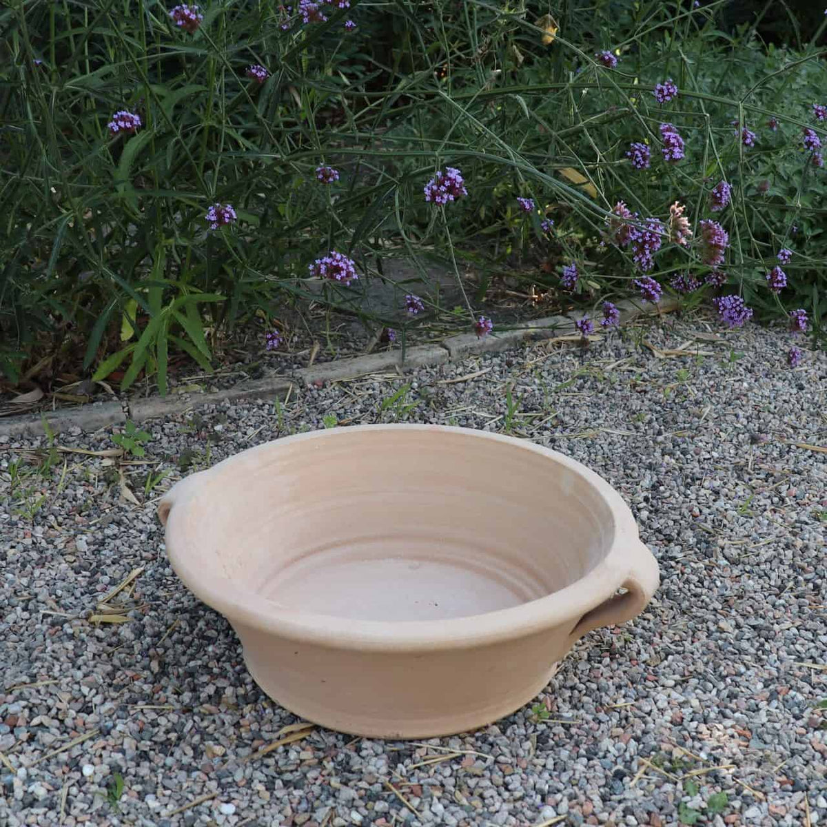 Eine flache, hellbeige Terrakotta-Pflanzschale „Krokus“ mit einem Durchmesser von 40 cm steht auf einer Kiesfläche in einem Außengarten. Hinter der Schale grenzen violette Krokusblüten und üppiges grünes Blattwerk den Bereich ab und verleihen der Szene einen Hauch von Farbe.