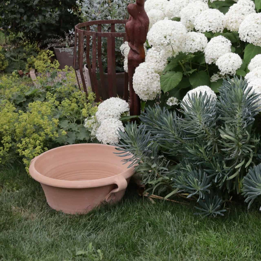 Eine Gartenszene mit einer großen Kreta Keramik Terrakotta-Pflanzschale „Krokus“ (50 cm) auf dem Rasen, umgeben von üppigen grünen Pflanzen und weißen Hortensienblüten. Im Hintergrund ist teilweise eine Holzskulptur zu sehen, die der ruhigen Umgebung eine künstlerische Note verleiht. Krokusblüten verleihen diesem idyllischen Rückzugsort einen Farbtupfer.