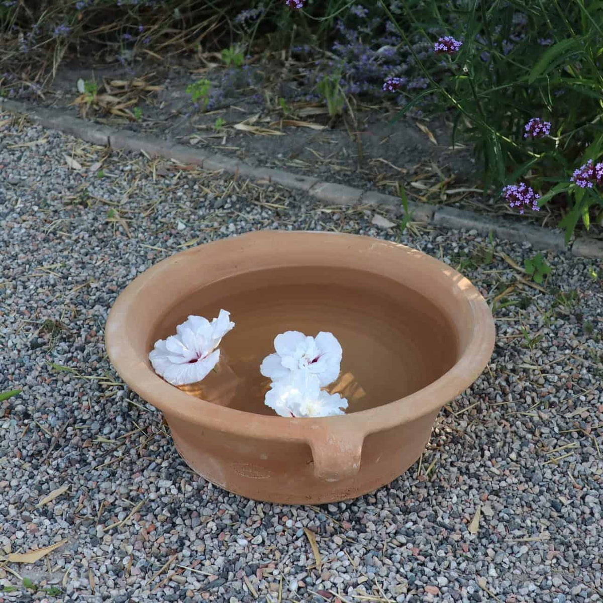 Eine Terrakotta-Pflanzschale „Krokus“, 40 cm Durchmesser, gefüllt mit Wasser und schwimmenden weißen Blüten, steht auf einer Kiesfläche. Im Hintergrund sind grüne Blätter, blühende lila Blumen und zarte Krokusblüten zu sehen.