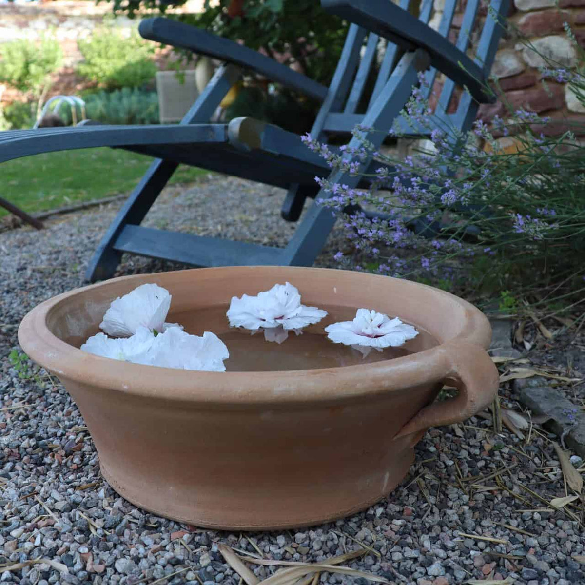 Eine Terrakotta-Pflanzschale „Krokus“ mit 40 cm Durchmesser, gefüllt mit Wasser und auf der Oberfläche schwimmen weiße Blüten, steht auf einem Kiesweg. Im Hintergrund ist ein blauer Schaukelstuhl aus Holz teilweise sichtbar, begleitet von blühenden Krokuspflanzen und üppigem Gartengrün.