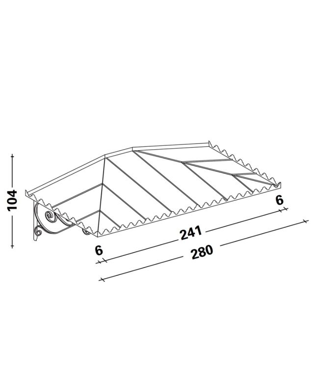 Eine Strichzeichnung des Vordachs mit Flachdach Dafne mit verzierten Seitenhalterungen, mit den angegebenen Abmessungen 104 cm Höhe, 241 cm Tiefe und 280 cm Breite. Die Markise hat ein flaches Design mit dekorativen Kanten.