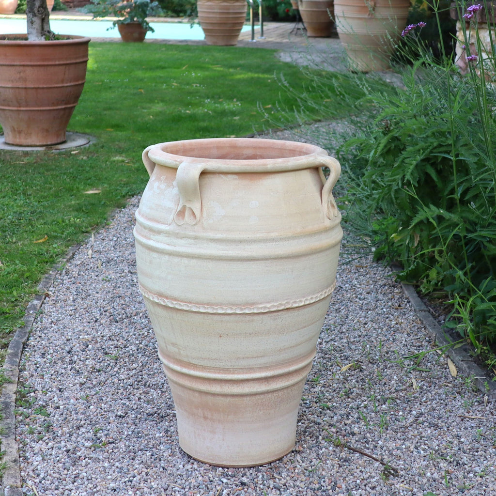 Die frostfeste Terrakotta-Amphore "Datura", H=70 cm, in Creme steht mit dekorativen Henkeln auf einem kiesigen Gartenweg, umgeben von Grünzeug und anderen Tontöpfen im Hintergrund.