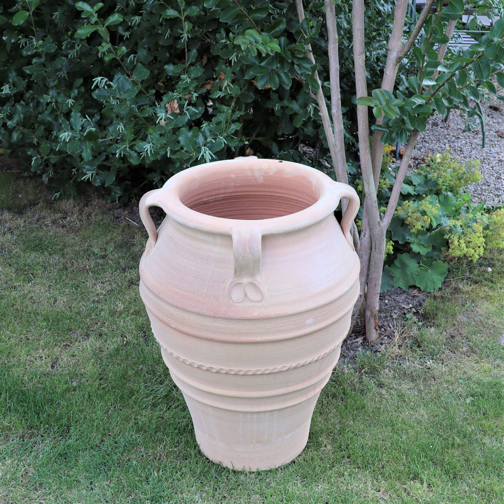 Die frostfeste Gartenamphore "Datura", H=60 cm, mit Zierbändern und zwei Henkeln, steht auf grünem Gras neben belaubten Sträuchern und einem kleinen Baum in einer Gartenanlage.