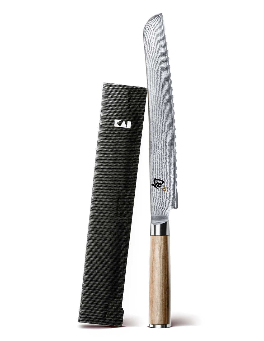 Ein gezacktes Küchenmesser mit Holzgriff wird von einem schwarzen Klingenschutz begleitet, der an das KAI X-MAS SELECTION DREAMBOX Shun Classic White Brotmesser mit Klingenschutz erinnert.