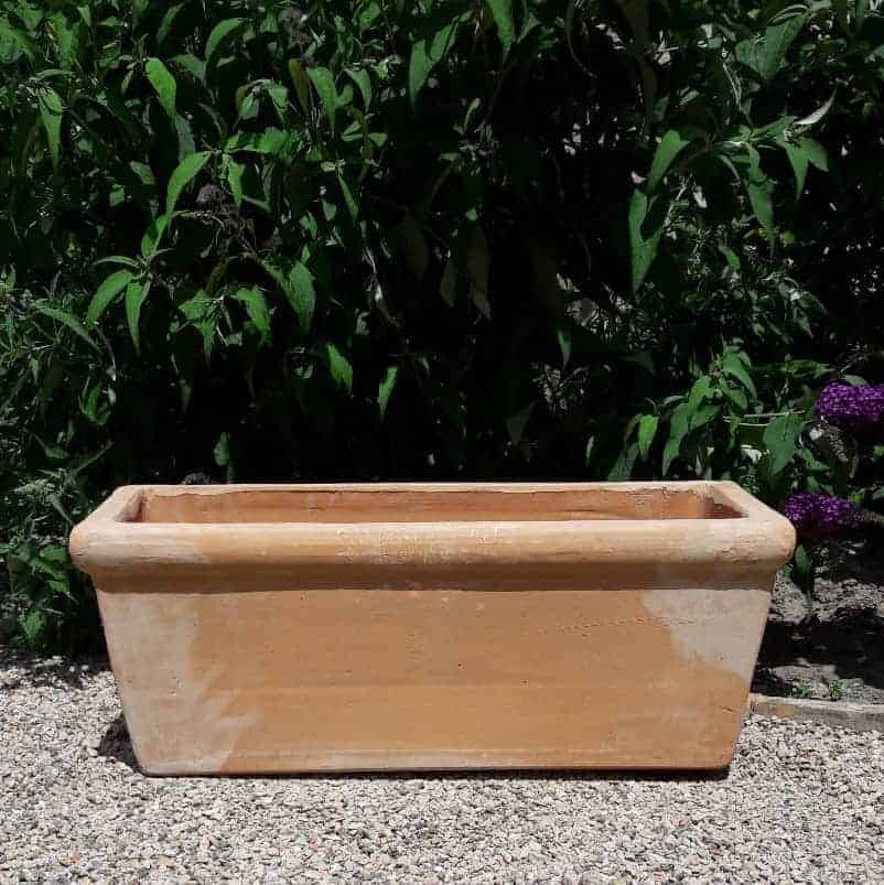 Der rechteckige Pflanzkasten Terrakotta „Erica“ L=60 cm steht auf einer Kiesfläche, vor üppigem grünem Blattwerk. Der Pflanzkasten ist leer und gut vom Sonnenlicht beleuchtet, wodurch seine erdigen Farbtöne hervorgehoben werden.