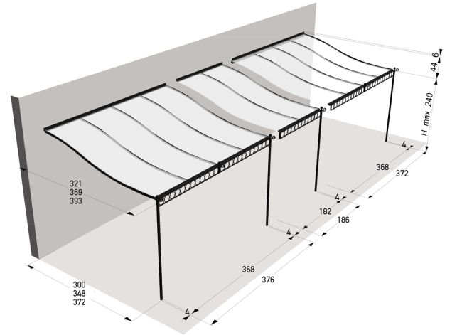 Ein Architekturdiagramm zeigt eine Seitenansicht von drei nebeneinander liegenden Anbaupergola Tibisco mit Polykarbonat-Dächern, die an einer Wand befestigt sind. Das Diagramm enthält verschiedene Maße für Höhe, Breite und Tiefe in Zentimetern, die mit Pfeilen und numerischen Beschriftungen angegeben sind.