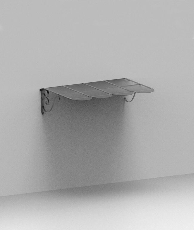 Das Vordach mit Flachdach Dafne mit minimalistischen, gebogenen Metallhalterungen und einem einfachen Flachdach wird an einer schlichten, hellgrauen Wand angebracht. Dieses Vordach ist so konzipiert, dass es über einer Tür oder einem Fenster ein wenig Schatten und Schutz bietet.