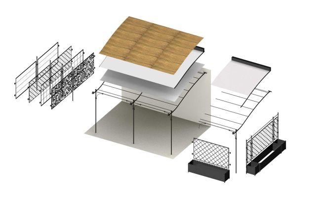 Explosionszeichnung der Struktur der Lineare Anbaupergola Solaire mit verschiedenen Komponenten. Von links nach rechts: dekorative Seitenteile, der Hauptrahmen, Dachmaterialien einschließlich einer holzähnlichen Platte und weißer Schichten sowie andere Strukturelemente wie ein Spalier und Basisstützen, perfekt für Ihre Solaire-Anforderungen.