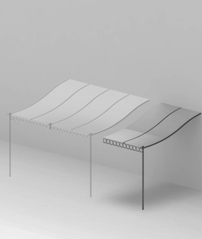 Eine minimalistische Graustufenillustration zeigt zwei nebeneinanderliegende Anbaupergola Tibisco-Überdachungen mit Polykarbonat-Dach, die von Metallrahmen getragen werden. Die leichten, halbtransparenten Polykarbonat-Dächer zeichnen sich durch dezente, geschwungene Designs aus, die zu einer eleganten und modernen Ästhetik beitragen.