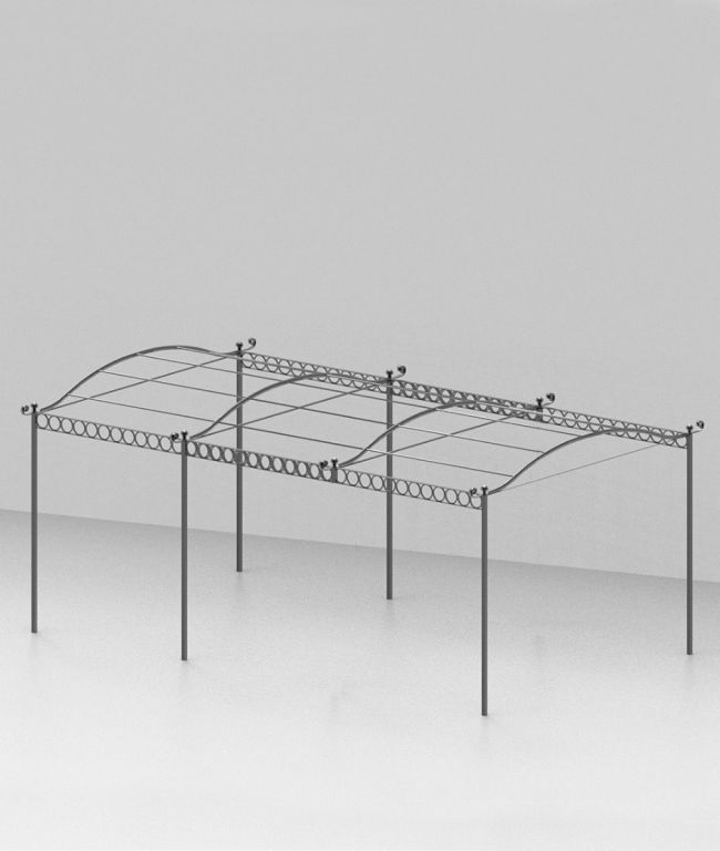 Die freistehende Pergola Tibisco mit Überdachung ist eine minimalistische Pergola aus schwarzem Metall mit einem einfachen, rechteckigen Rahmen und gewölbten Dächern. Diese Pergola wird von vier vertikalen Pfosten getragen und verfügt über zusätzliche horizontale Querstangen für eine bessere strukturelle Unterstützung, alles vor einem schlichten, hellen Hintergrund.