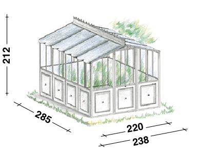 Abbildung des Gewächshauses selbsttragendes Modell Orangerie mit schrägem Dach und transparenten Wänden. Die Maße sind rundherum eingezeichnet: Höhe 212 cm, Länge 285 cm, Breite 220 cm für die Hauptstruktur und Gesamtbreite inklusive ausgezogener Basis 238 cm.