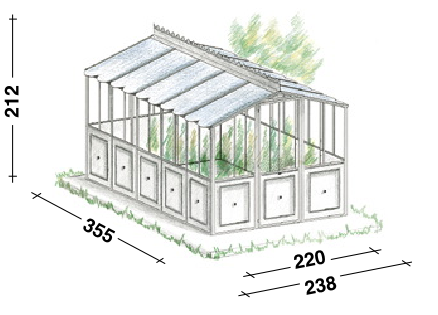 Abbildung des Gewächshauses selbsttragendes Modell Orangerie mit Schrägdach und konkreten Abmessungen. Die Höhe der Konstruktion beträgt 212 cm, die Länge 355 cm, die Tiefe 220 cm und die zusätzliche Tiefe inklusive Dachüberstand 238 cm. Sowohl im Inneren als auch um dieses Gewächshausmodell herum ist Grün zu sehen.