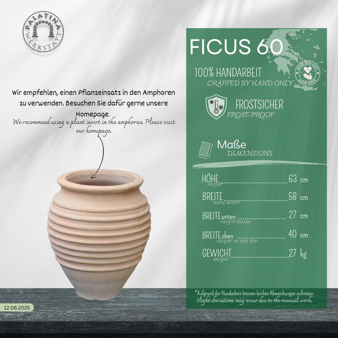 Eine Nahaufnahme der Terrakotta-Vase "Ficus" von Amphore Garten (H=60cm), ideal um Ihre Pflanzen stilvoll zu präsentieren.