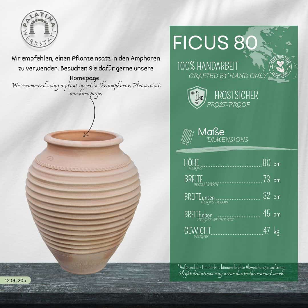 Eine handgefertigte, gerippte Terrakotta-Frostfeste Dekorationsamphore "Ficus" (H=80cm, 57cm breit, 47kg) steht auf einem Tisch, daneben ein deutscher und englischer Text, der die Frostbeständigkeit und Handwerkskunst beschreibt.