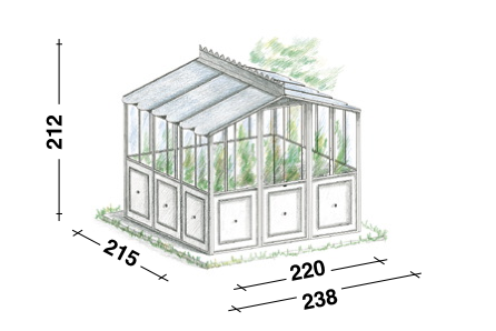 Abbildung des Gewächshauses selbsttragendes Modell Orangerie mit transparenten Paneelen und schrägem Dach. Die Maße sind in Zentimetern angegeben: 215 cm Länge, 238 cm Breite und 212 cm Höhe. Dieses Modell zeigt Pflanzen, die im Inneren wachsen, und scheint auf einer Grasfläche zu stehen.
