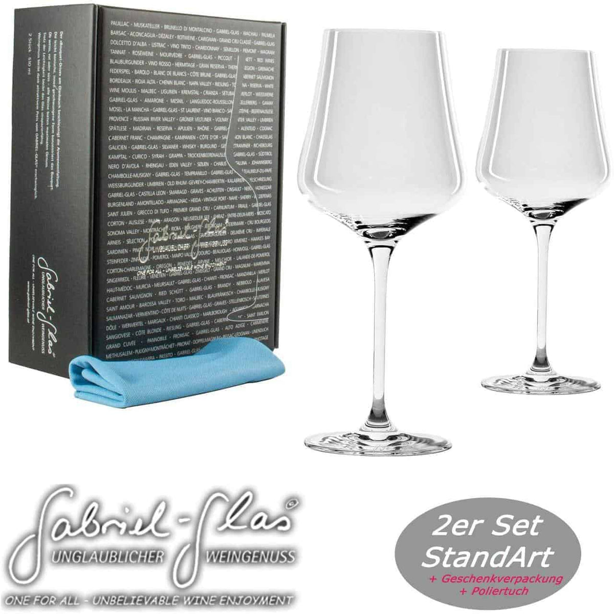 Ein Set aus zwei Gabriel-Glas StandArt Edition Universal Weingläsern mit einem Gewicht von je 150 g wird neben einem Poliertuch und einer eleganten schwarzen Box mit weißem Text präsentiert. Auf der Verpackung ist prominent der Slogan „Alle für einen – Unglaublicher Weingenuss“ zu sehen. Ein Aufkleber weist darauf hin, dass es sich um ein 2-teiliges Set handelt.