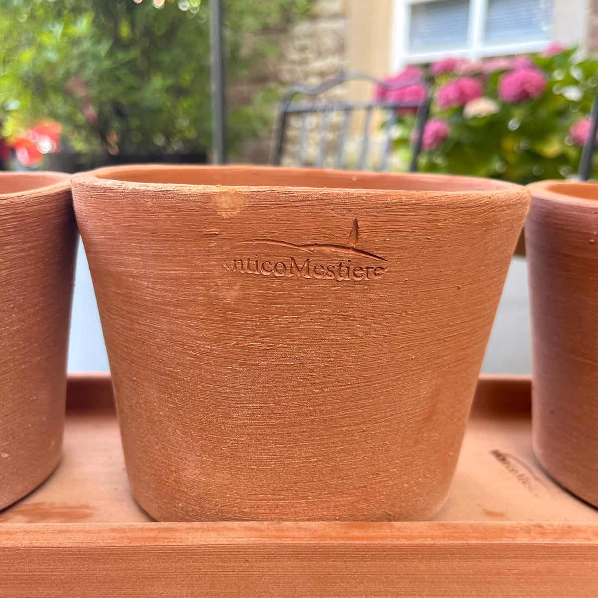 Eine Nahaufnahme eines Terrakotta-Blumentopfs mit der Gravur „nucoMestier“, der auf einem Holztablett steht. Im unscharfen Hintergrund sind weitere Töpfe, rosa Blumen und ein Fenster zu sehen.