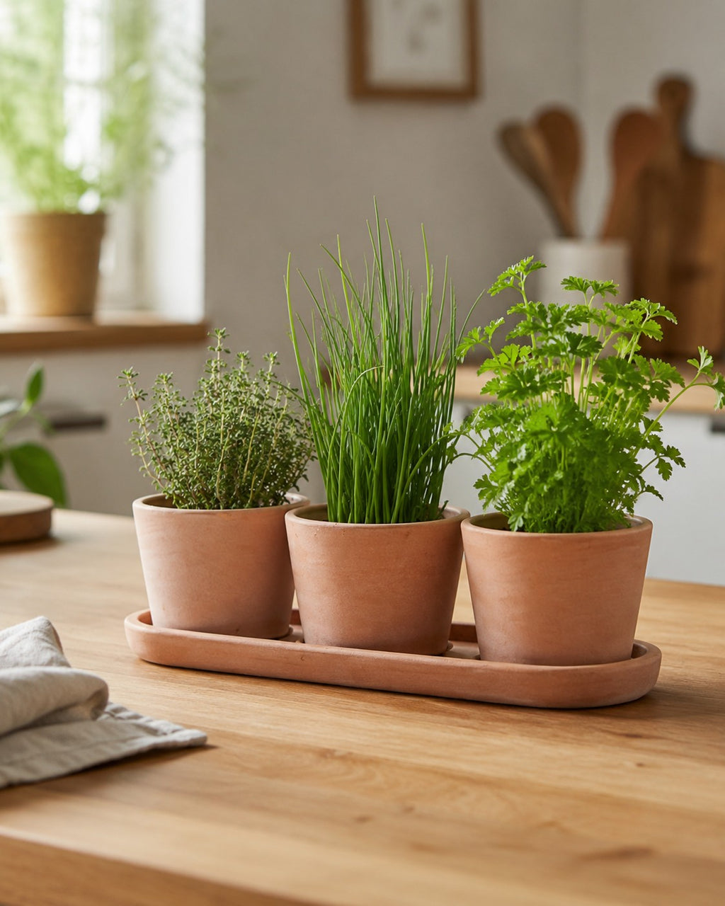 Das „Kräutertopf Trio“ aus Terrakotta mit Petersilie, Schnittlauch und Thymian steht auf einer Holzarbeitsplatte mit einem Handtuch vor dem unscharfen Hintergrund einer gemütlichen, sonnendurchfluteten Küche.