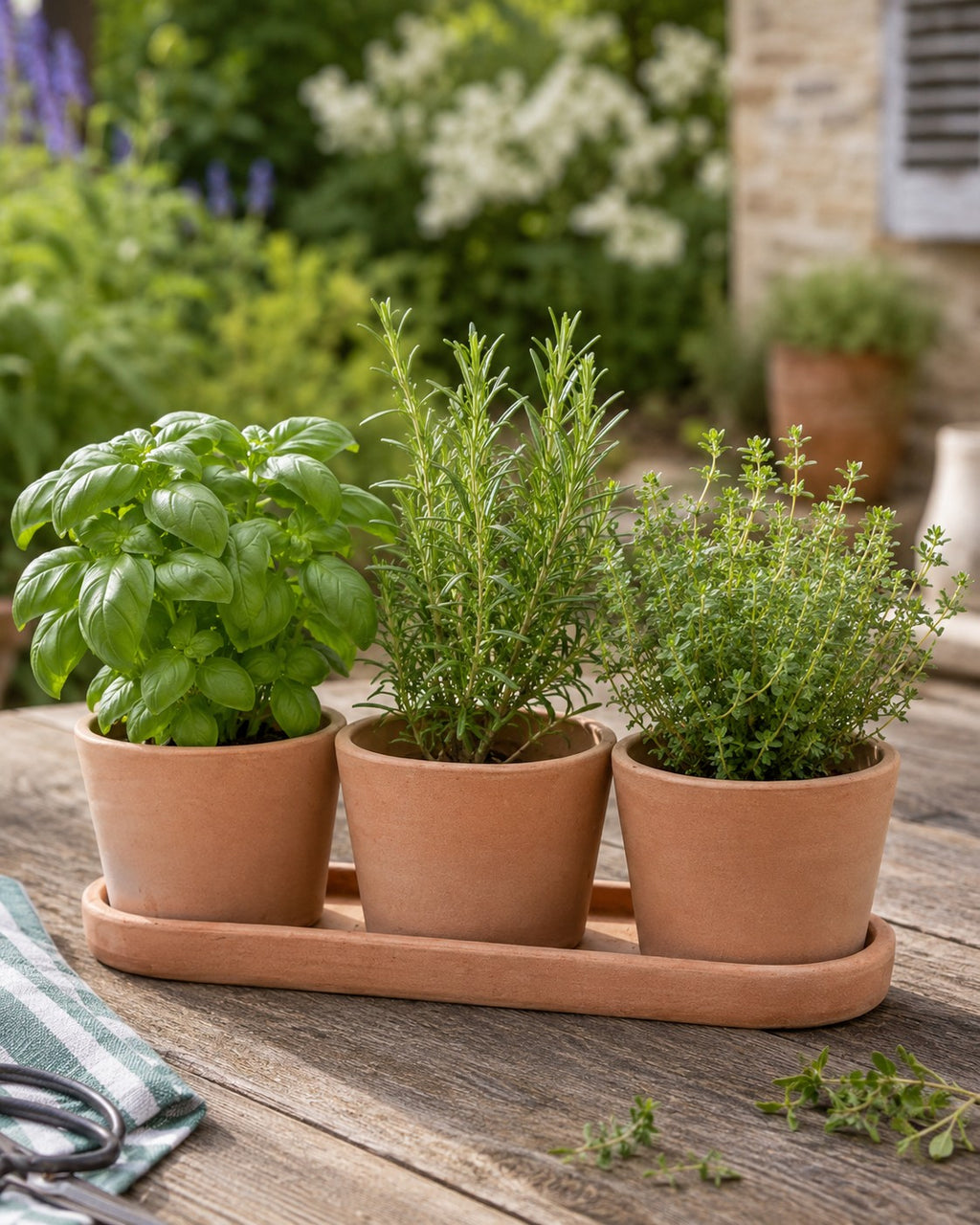 Das Kräutertopf-Trio aus Terrakotta mit Basilikum, Rosmarin und Thymian steht auf einem Holztisch im Garten; im Hintergrund sind Grünflächen und ein Steinhaus zu sehen, daneben liegen eine Schere und ein gestreiftes Tuch.