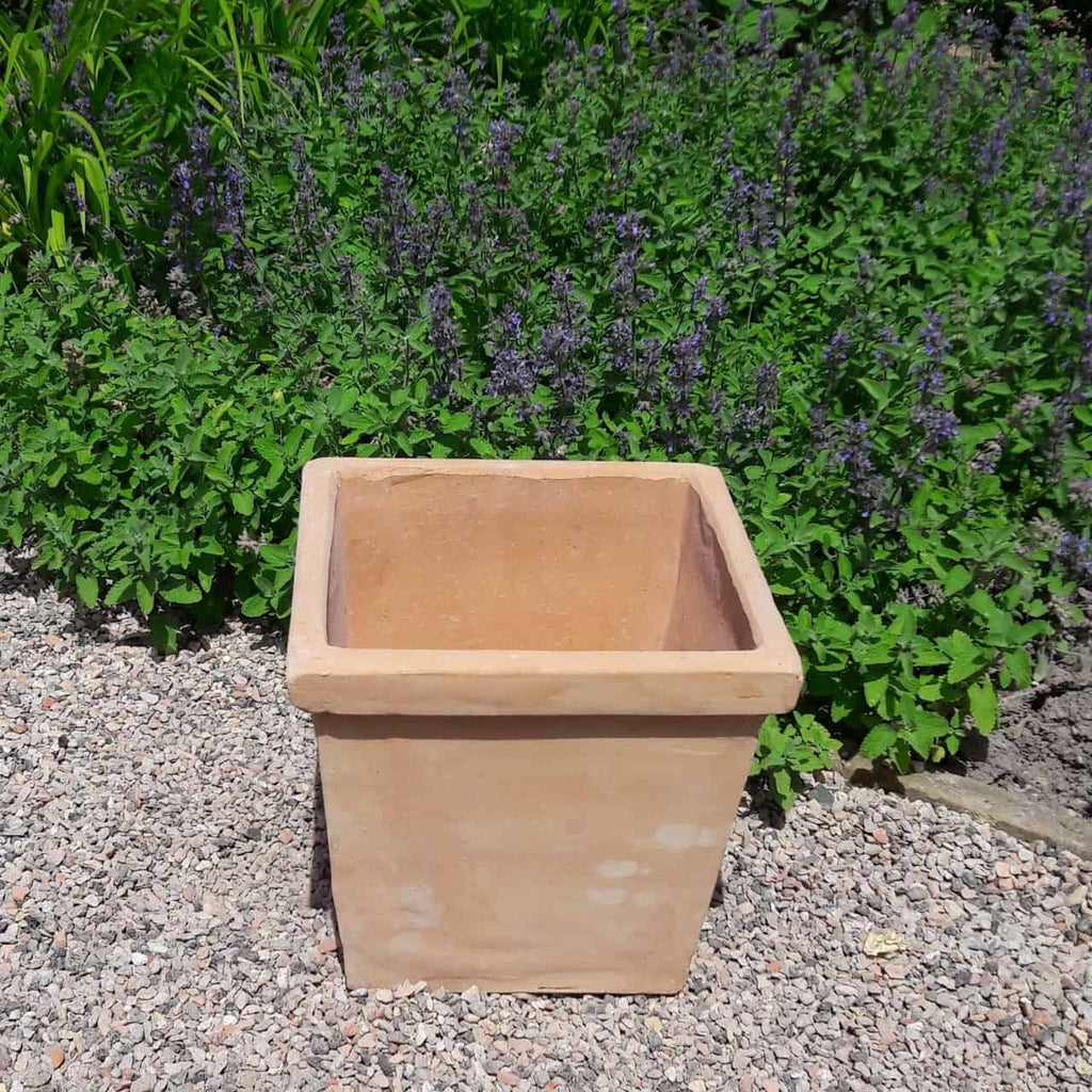 Ein quadratischer Pflanztopf aus Terrakotta „Laurus“, H=26cm, steht leer auf einem Kiesbett vor einem üppigen Gartenhintergrund mit blühenden lila Blumen und grünem Laub.