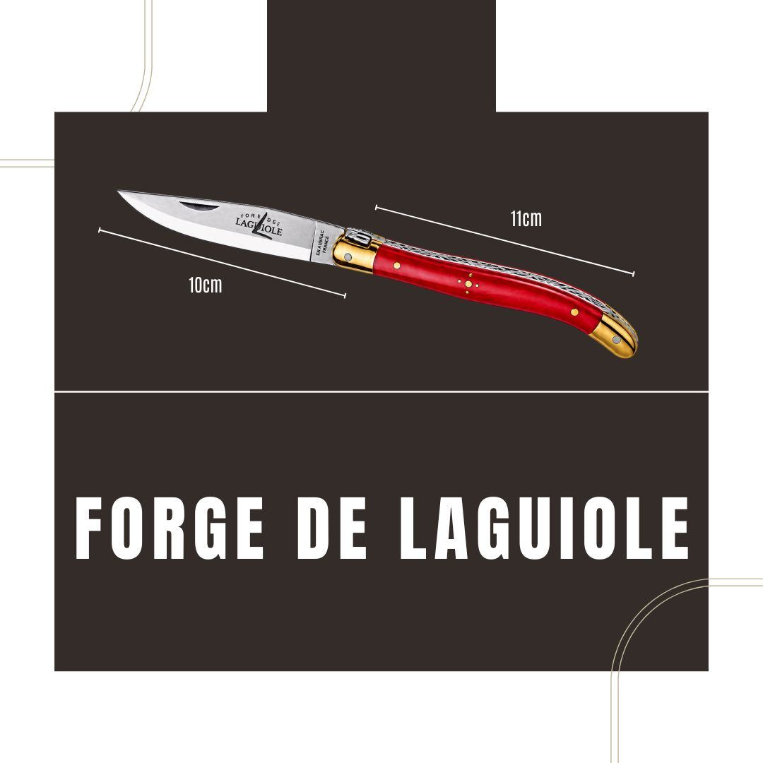 Ein Taschenmesser von Forge de Laguiole mit einem 11 cm langen Griff aus Aubrac-Horn und einer „Brut de Forge“-Klinge ist vor einem dunklen Hintergrund abgebildet; darunter sind die Maße angegeben und ein fettgedruckter Text zu sehen.