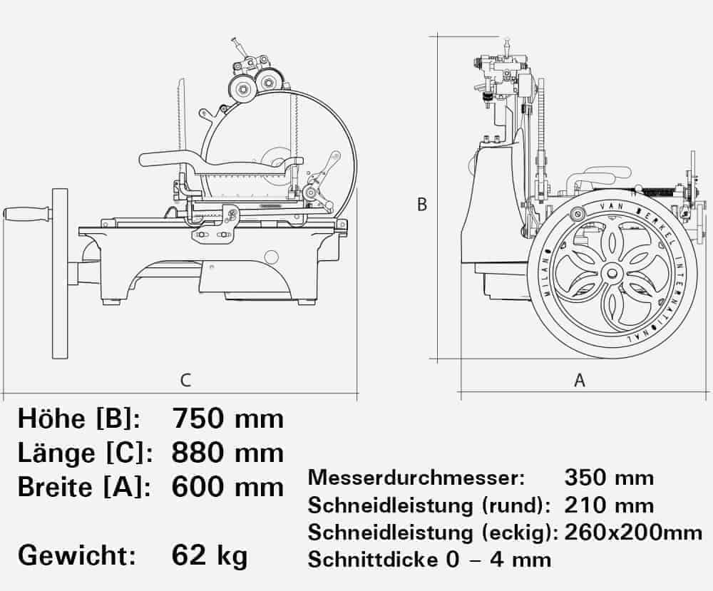 Technische Zeichnung einer Berkel Volano L16 Schwungradmaschine mit den angegebenen Abmessungen: Höhe [B] 750 mm, Länge [C] 880 mm, Breite [A] 600 mm. Wichtige Spezifikationen: Sägeblattdurchmesser 350 mm, Schnittleistung (rund) 210 mm, rechteckige Leistung 260 x 200 mm, Schnittstärke 0-4 mm. Gewicht: 62 kg. Inklusive Ständer und Schneidebretteinsatz in Fassholzoptik.