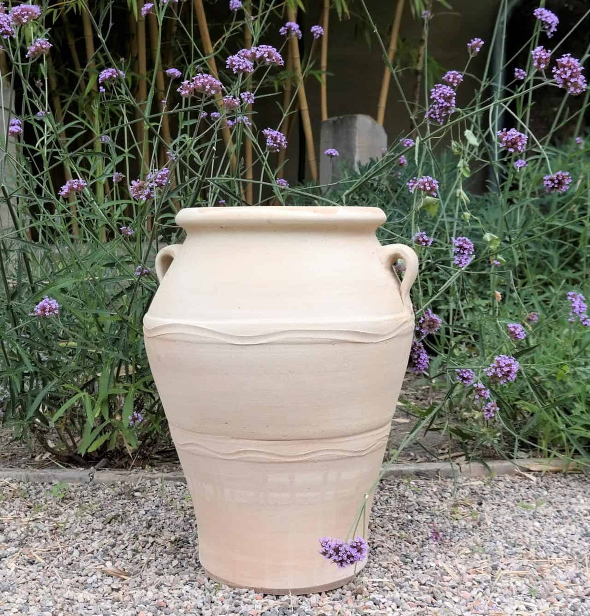 Eine 60 cm hohe Gartenamphore „Olea“, eine große, beige Tonamphore mit zwei Henkeln, steht auf einem Kiesweg. Umgeben von Grünpflanzen und Olea mit dünnen Stielen und Büscheln kleiner lila Blüten in voller Blüte fügt sie sich nahtlos in die natürliche Gartenumgebung ein.