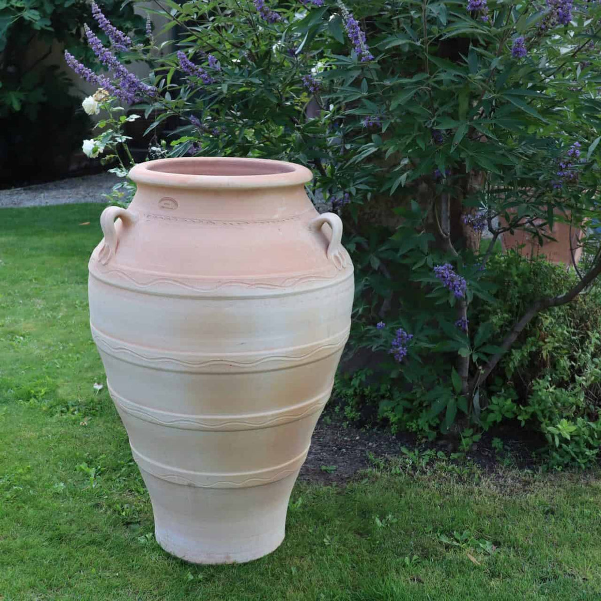 Eine große, beige, frostfeste Terrakotta-Amphore „Olea“ mit dekorativen Griffen und geprägten Mustern steht auf einer Rasenfläche. Mit einer Höhe von 100 cm ergänzt sie den üppigen grünen Busch mit kleinen violetten Blüten dahinter und verleiht der natürlichen Gartenumgebung einen Hauch von Farbe.